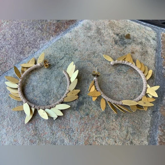 Leather & Brass Fringe Large Hoop Earrings - Picture 4 of 7